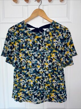 H&M Navy, Yellow & White Abstract Print Tie-Back Blouse